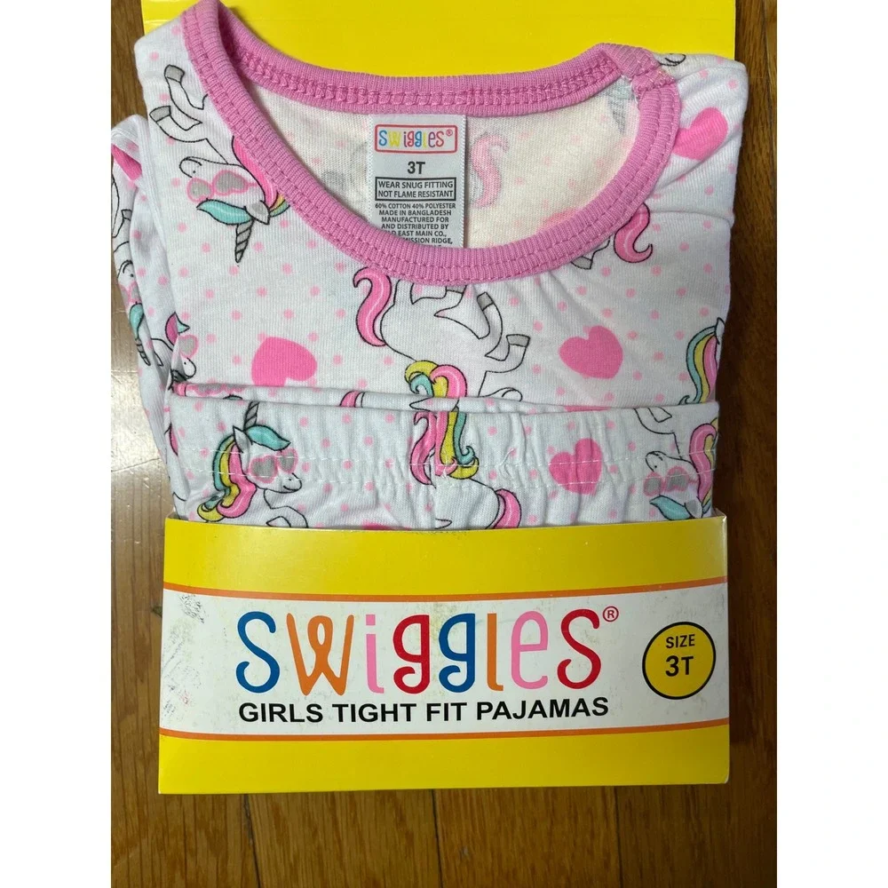 Swiggles Girls Unicorn Heart Tight‎ Fit Pajamas Set Pink White 3T New